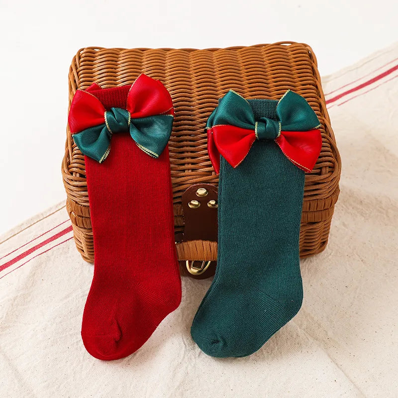 Baby Girls Christmas Socks Kids Big Bow Red Knee High Long Socks Soft Cotton Children Sock Newborn Gift Socken For 0-5 Years