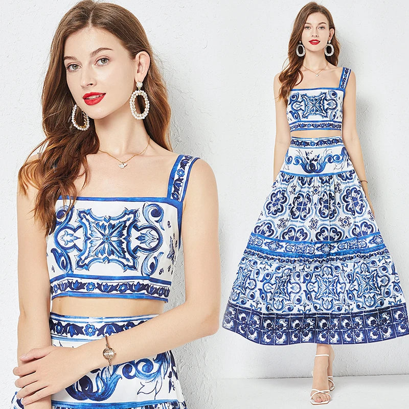 Summer Runway Blue And White Porcelain Two Piece Set Women Flower Print Short Crop Top + Holiday Beach Maxi Skirt Suits