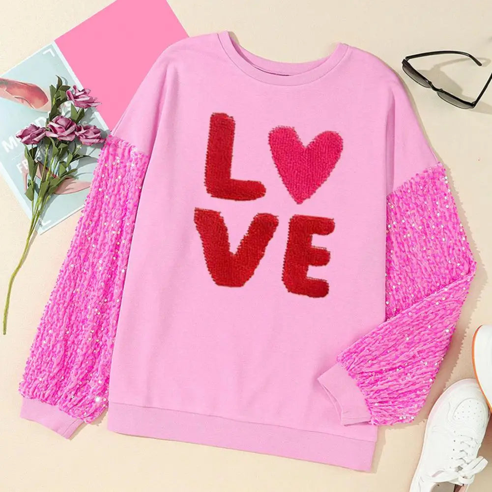 Women Valentines Day Sweatshirt Sequin Sleeves Heart Bright Color Round Neck Long Sleeve Loose Pullover Lady Party Holiday Top