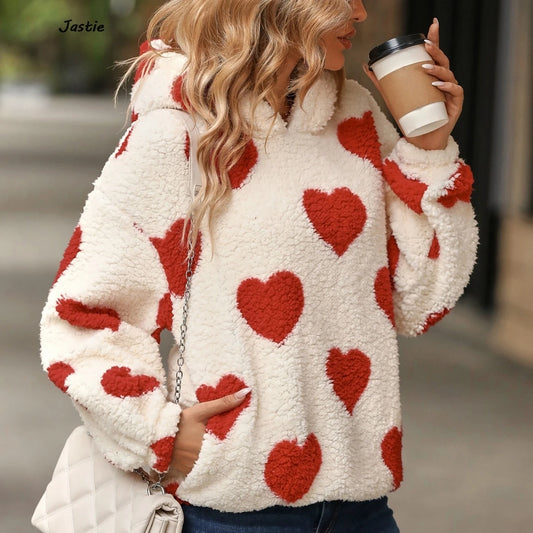 Plush Hooded Love Printed Autumn Winter Pullover Sweatershirt For Women 2024 New Valentine Day