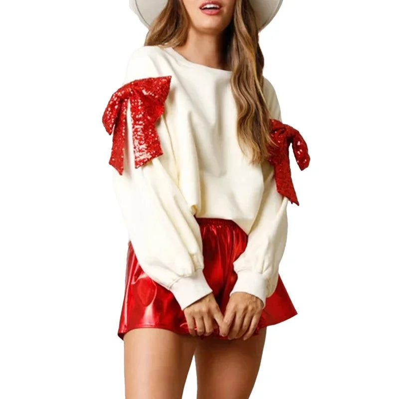 Sweatshirt Clothes Women Round Neck Long Sleeve Hoodie Tops with Sequin Bow Party Clothing Streetwear