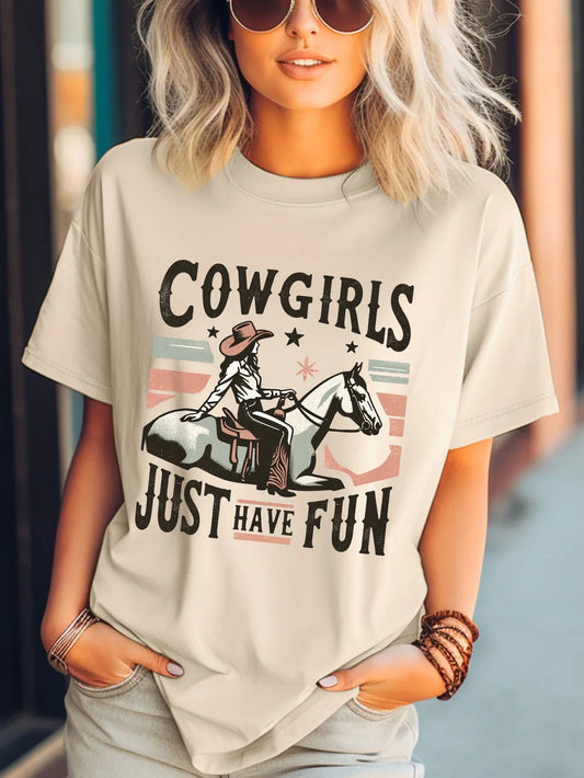 Retro Western Cowgirl And Lettering Print T-shirt