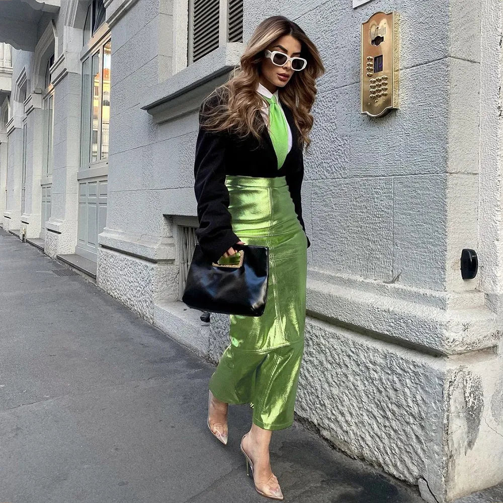 Sexy Sparkly Slit Luxury Long Skirts Women High Waist Metallic Green Slim Maxi Skirt 2023 Elegant Birthday Party Clothes