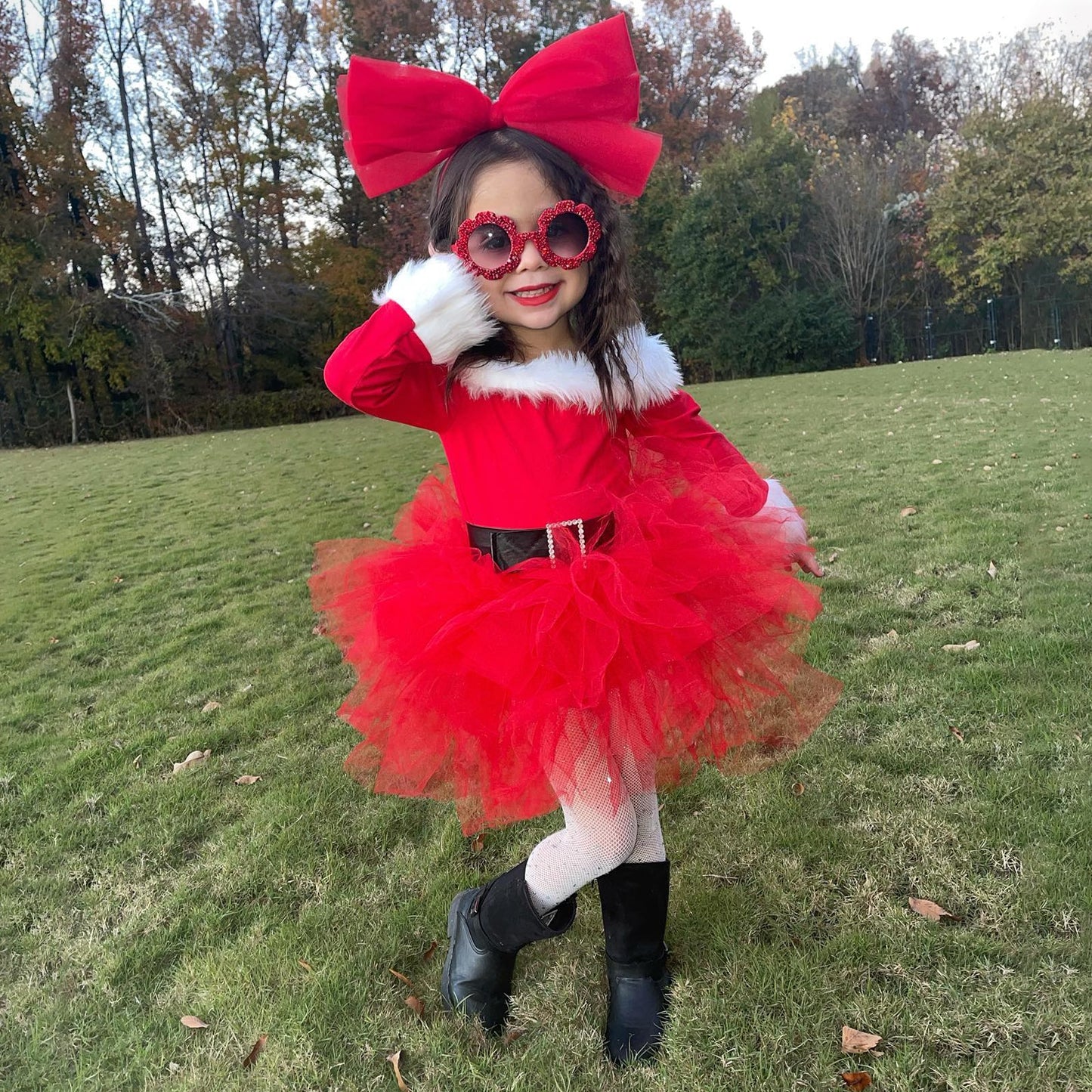 Christmas-New year Girl Red Dress Long Sleeve Tulle Tutu