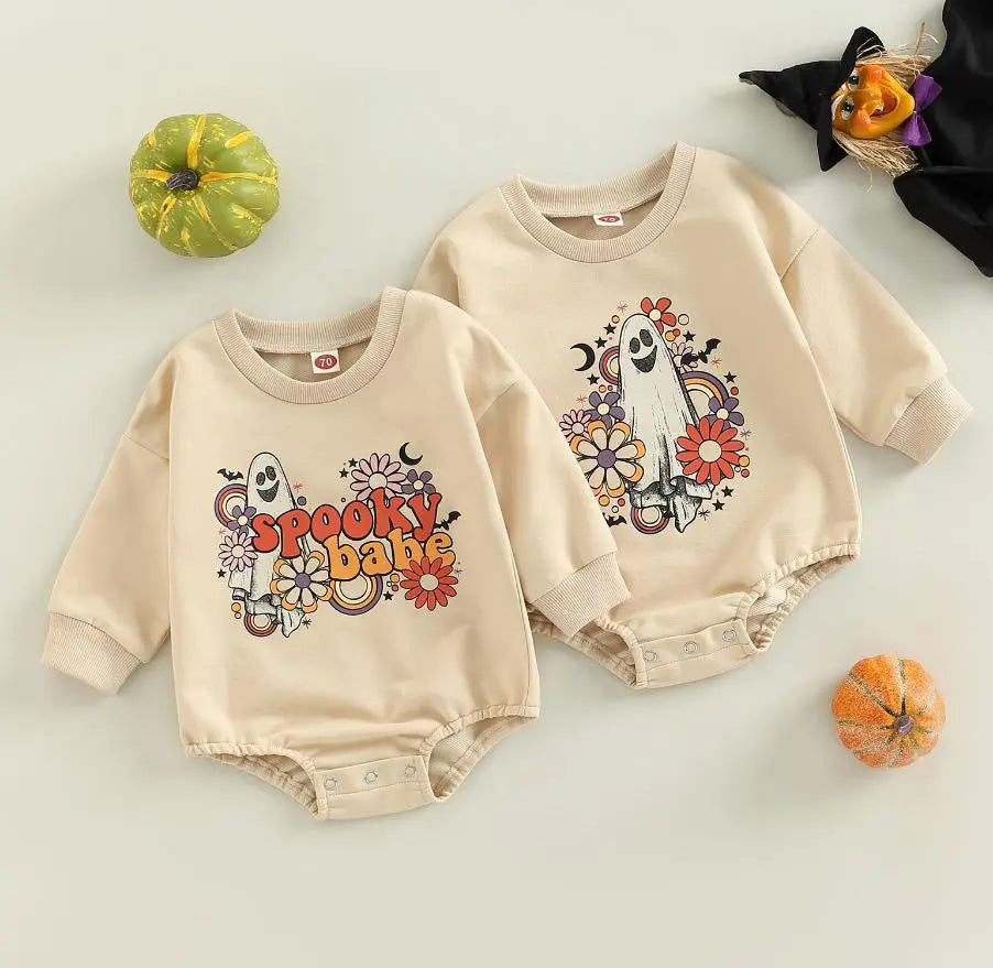 Baby Girl-Boy Halloween Romper Ghost Print Crew Neck Long Sleeve Sweatshirt Jumpsuit Fall Clothes for Toddlers