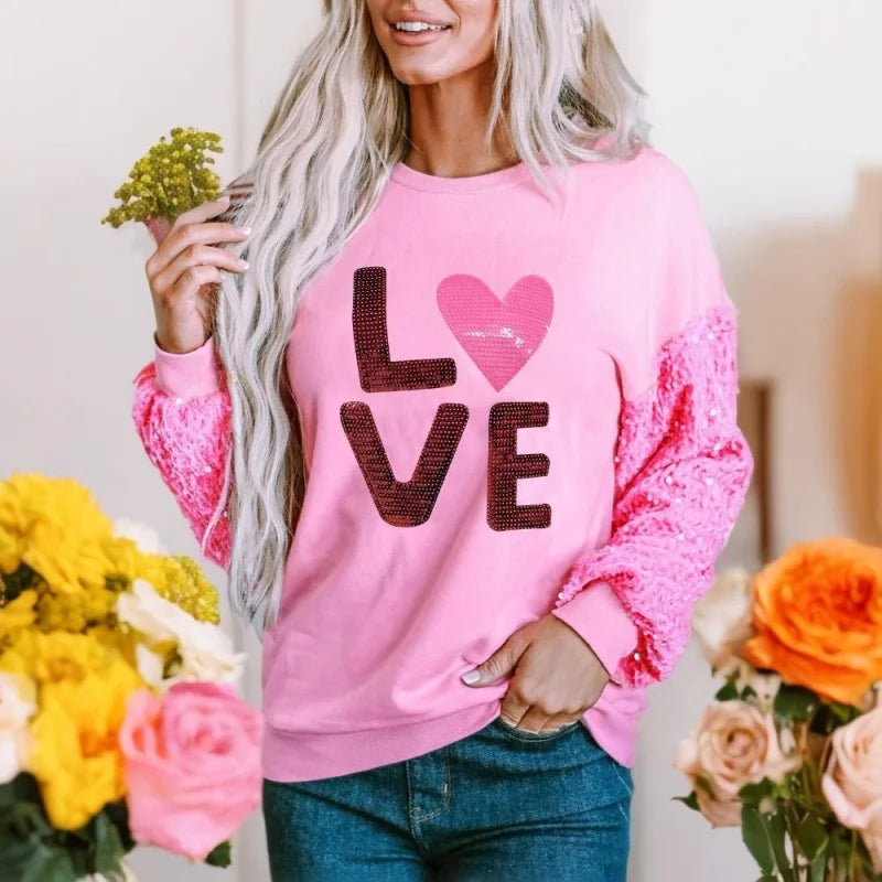 Sweatshirt Women Valentines Day Clothing Letter Print Sequins Patchwork Round Neck Long Sleeve Tops Streetwear