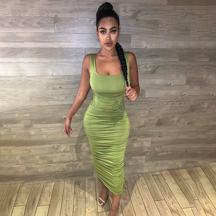 Women Sheath Bodycon Dress Summer Square Collar Sleeveless Backless Midi Pleated Party Dresses