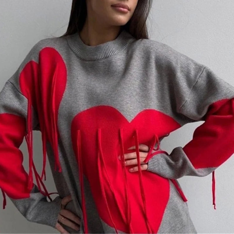 Sweater Women Valentines Day Clothes Tassel Heart Print Round Neck Long Sleeve Pullover Tops 2000s Streetwear