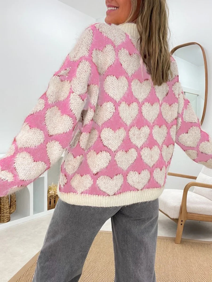 Valentine's Day Sweater Women Pink Knitted Jumper Fashion Knitwear Heart Print Oversized Pullover