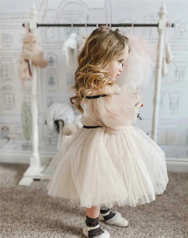 Spanish Baby Girls Gauze Dress One-shoulder Tulle Tutu Gown Elegant Flower Girl Wedding Outfits