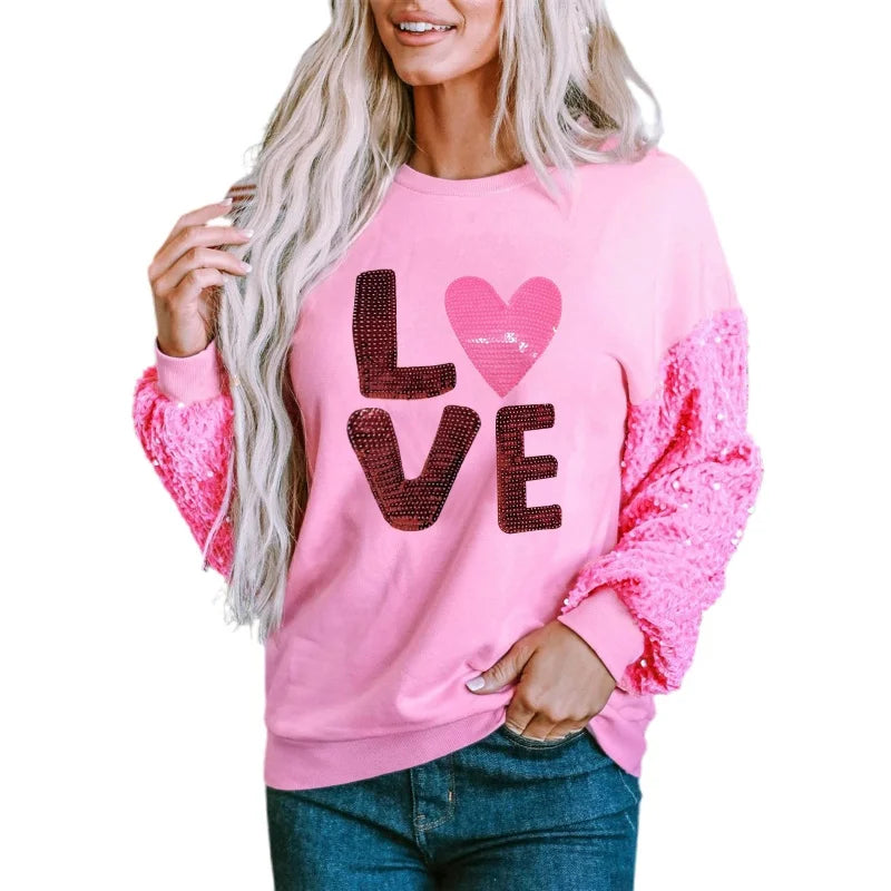 Sweatshirt Women Valentines Day Clothing Letter Print Sequins Patchwork Round Neck Long Sleeve Tops Streetwear