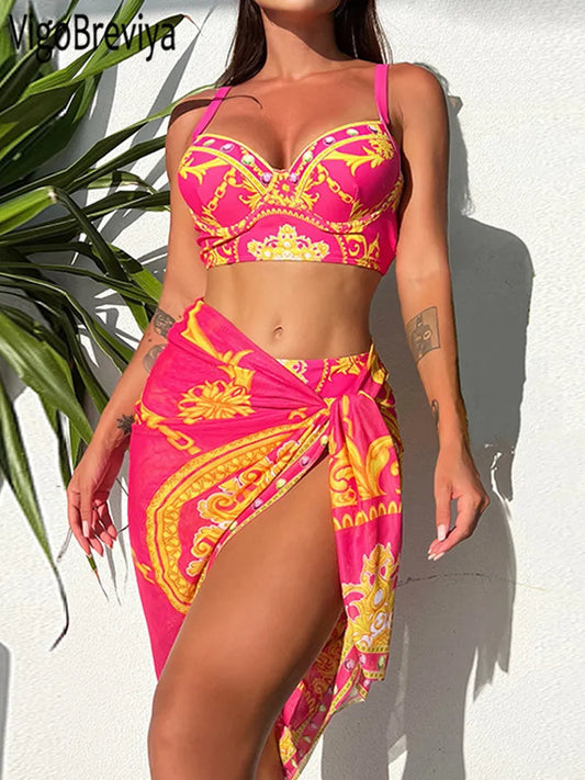 Sexy Print 3 Piece High Waist Skirt Bikini Set Swimwear Women Strapped Push UP Swimsuit Summer Bathing Suit