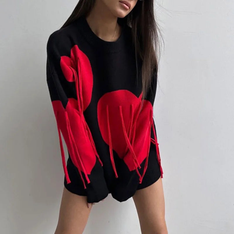 Sweater Women Valentines Day Clothes Tassel Heart Print Round Neck Long Sleeve Pullover Tops 2000s Streetwear