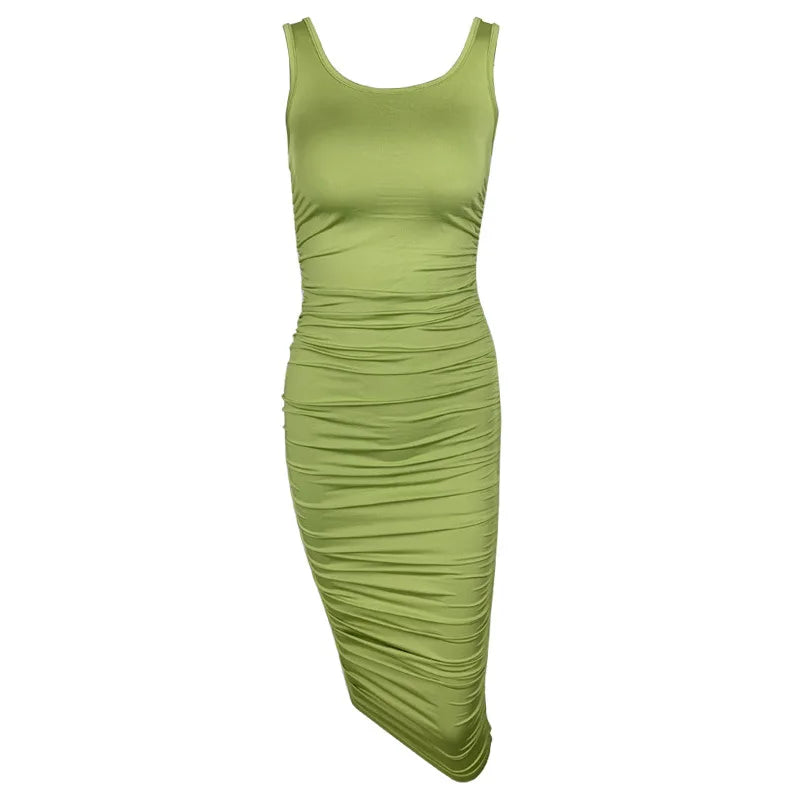 Women Sheath Bodycon Dress Summer Square Collar Sleeveless Backless Midi Pleated Party Dresses