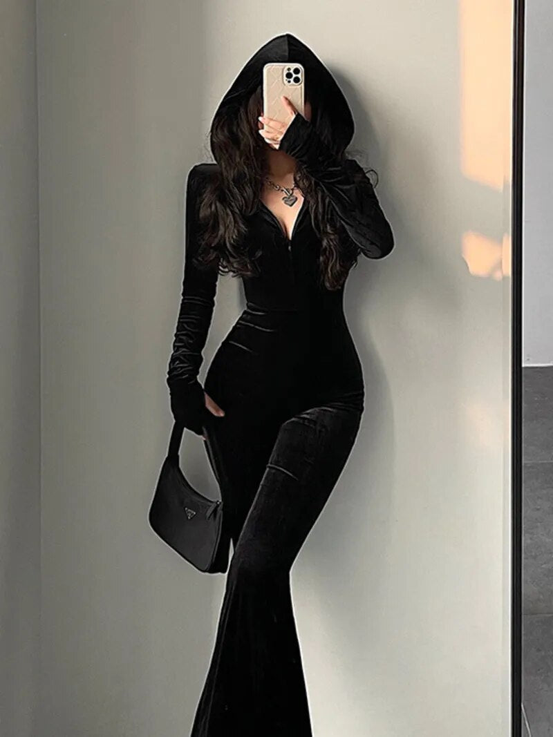 Fashion Black Velvet Slim Hooded Zipper Long Sleeve Flare Pants Jumpsuit Rompers Sexy Hot Tops 2023