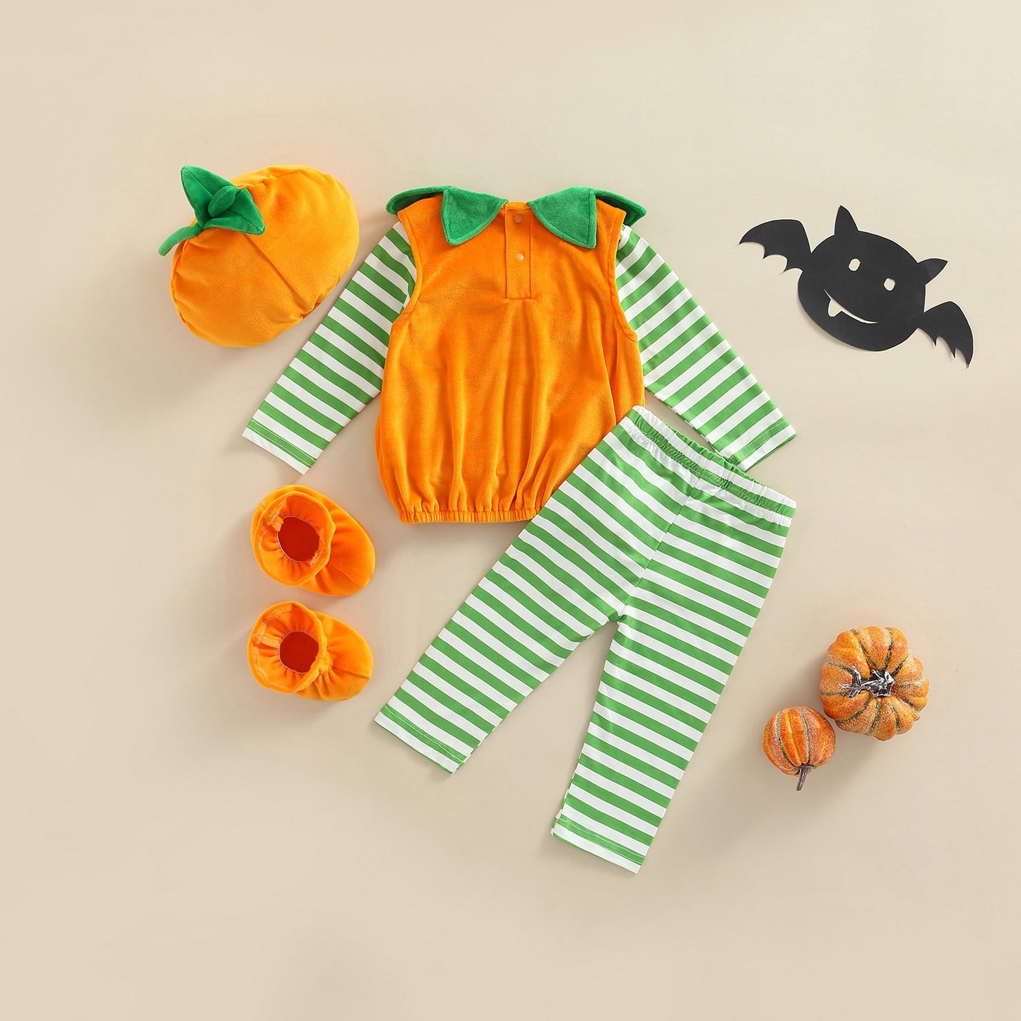 Baby Girl-Boy Long Sleeve Halloween Pumpkin Print Loose Tops + Fall Casual Pants + Hat + Shoes