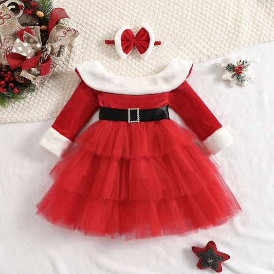 Christmas-New year Girl Red Dress Long Sleeve Tulle Tutu