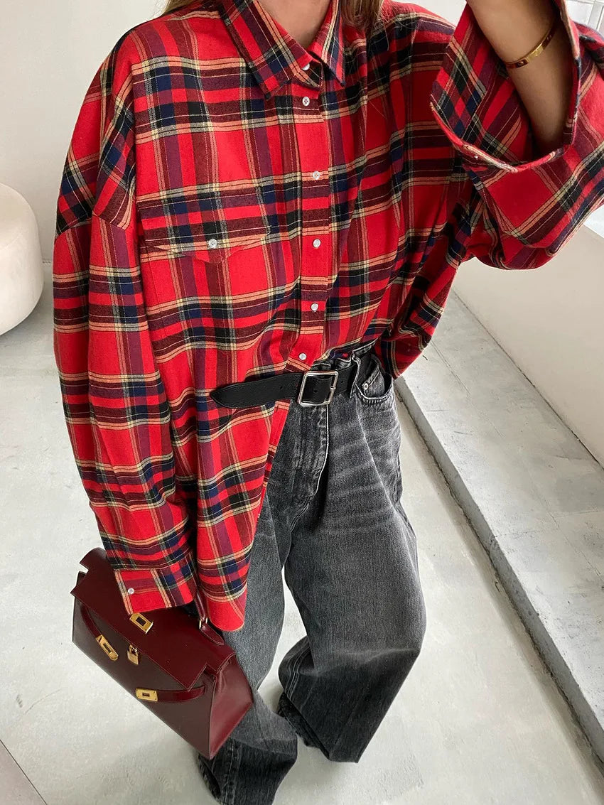 Autumn-Winter Collection Versatile  Oversized Shirts For Women Stylish Casual Trendy Retro Plaid Blouse Loose Jacket