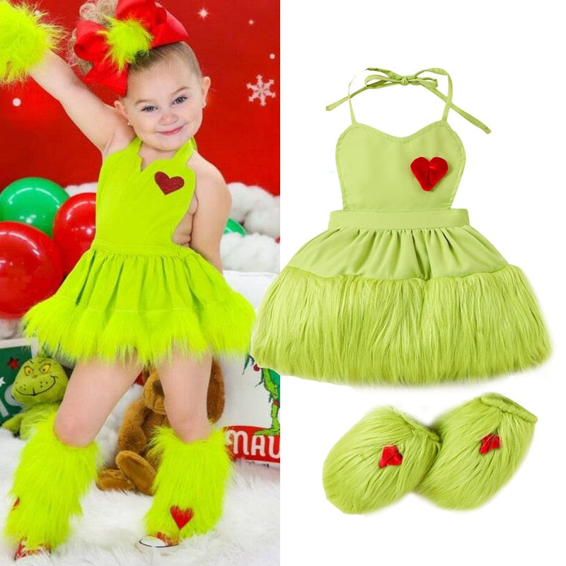 0-24M Infant Baby Girl 2Pcs Christmas Outfit  Set Green Monster Costume 0-24M