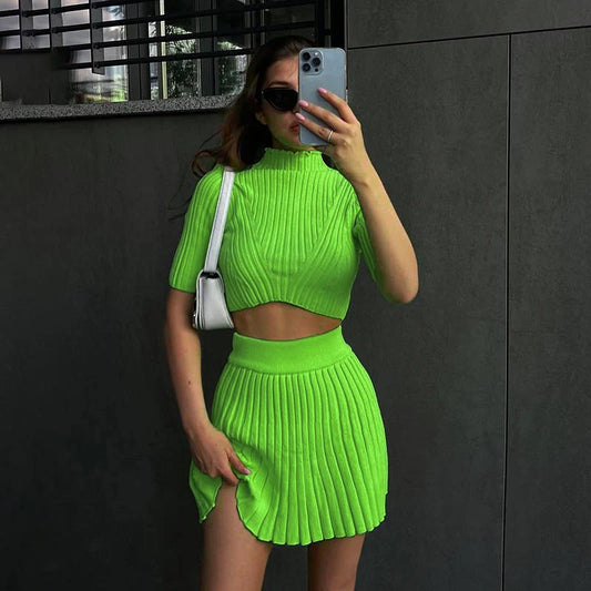 Women Sports Style Pit Knit Skirt Short Sleeve Suit  Fitness Suit