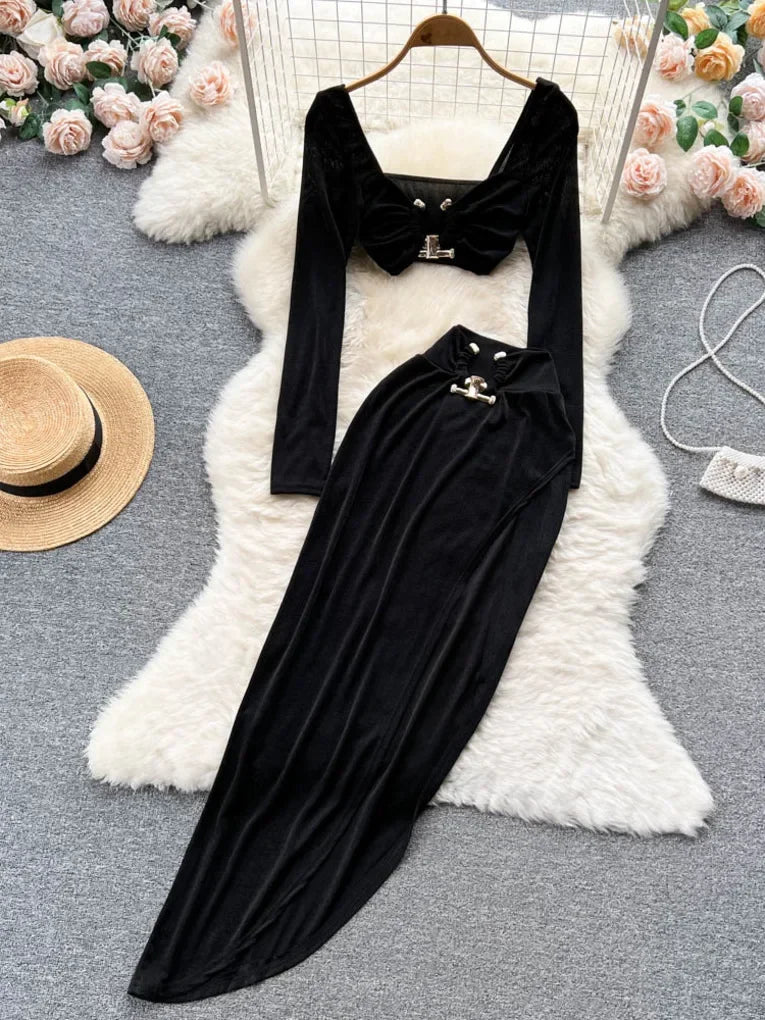 Women Sexy 2 Piece Set Fashion  Collar Long Sleeve Crop Top + Elastic Waist High Slit Long Skirt Suits