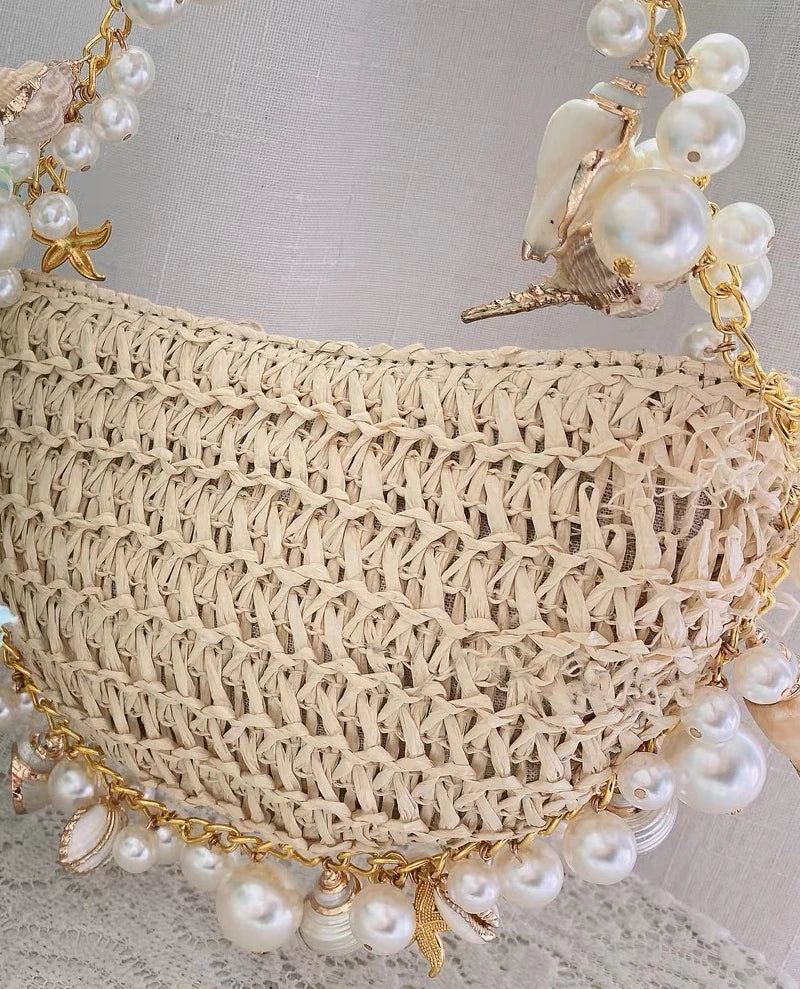 Lady Evening Bags For Women Luxury Designer Brand Handbags And Purses 2023 New In Papyrus Woven Chain Beaded Trim Shoulder Bag Beach bag