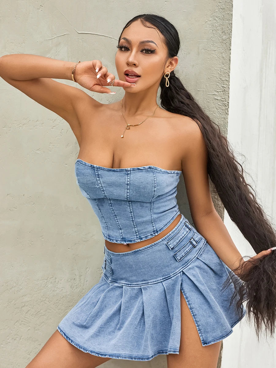 Two-Piece Skirt Suits Summer Off-Shoulder Corset Crop Tops+High Waist Mini Pleated Skirts Sets