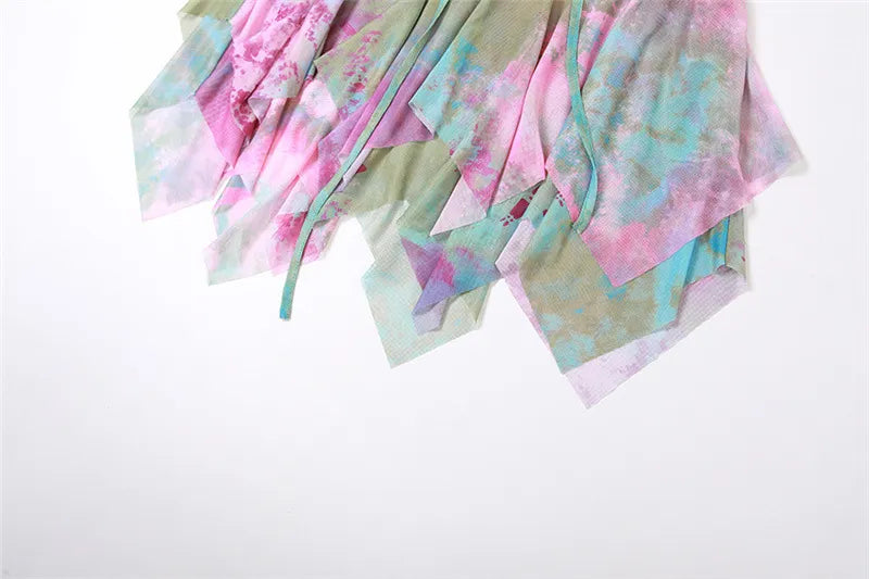Zenaide Fall Mesh Butterfly Women 3 Piece Set Bandage Cami+Irregular Skirt+Fairy Festival Crop Top Tie Dye Rave Party Outfit