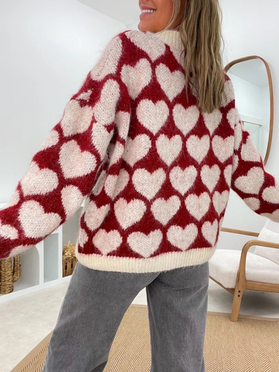 Valentine's Day Sweater Women Pink Knitted Jumper Fashion Knitwear Heart Print Oversized Pullover