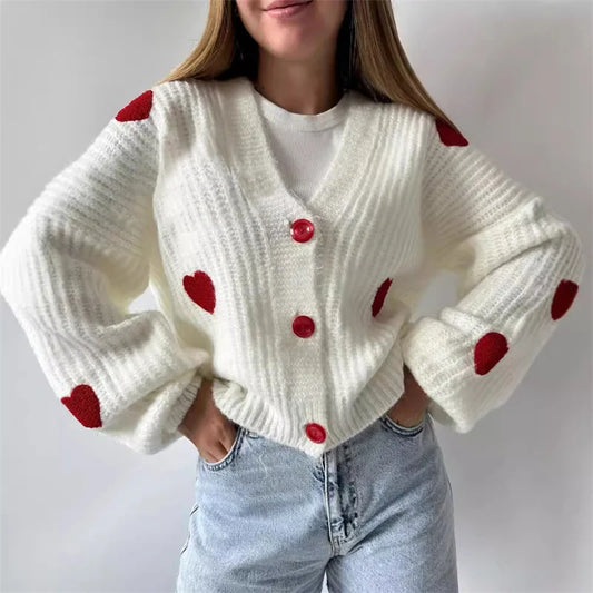 Women Valentine’s Day Fall Short Sweaters Cardigan Long Sleeve O-Neck Buttons Up 3D Heart Patchwork Knitwear Jumpers