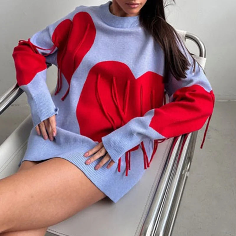 Sweater Women Valentines Day Clothes Tassel Heart Print Round Neck Long Sleeve Pullover Tops 2000s Streetwear