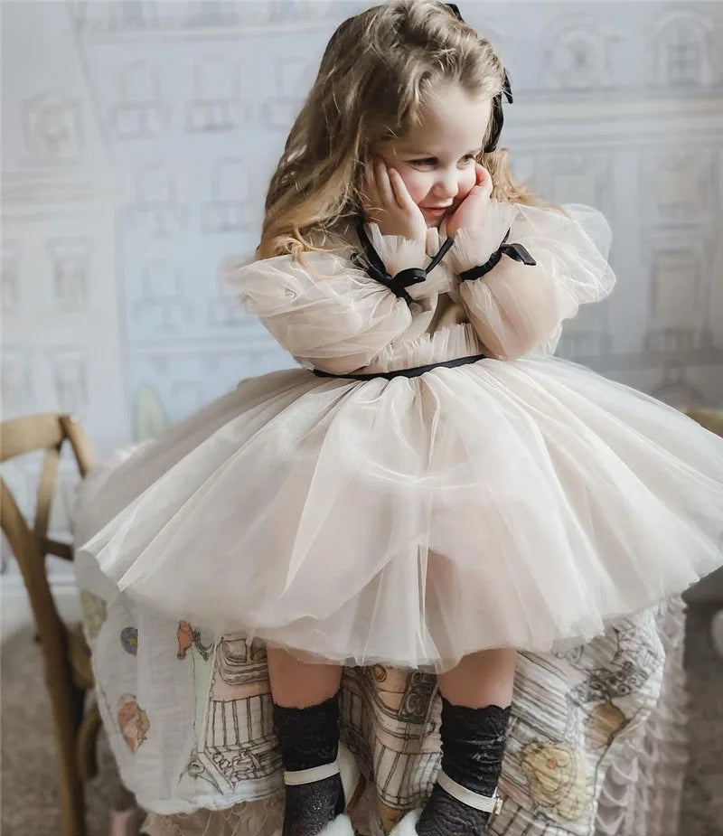 Spanish Baby Girls Gauze Dress One-shoulder Tulle Tutu Gown Elegant Flower Girl Wedding Outfits