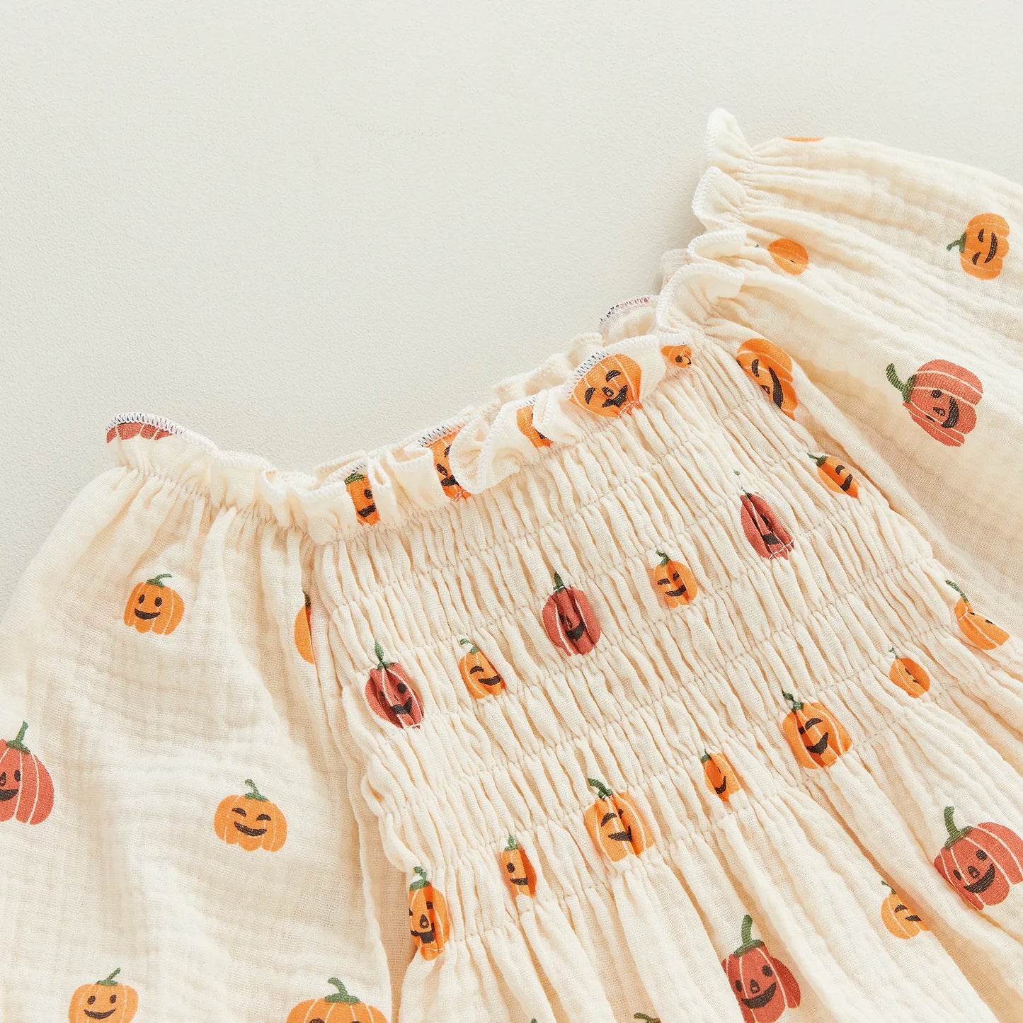 Baby-Girl Halloween Jumpsuit Cartoon Pumpkin Print Ruched Off Shoulder Long Sleeve Romper And Bow Headband