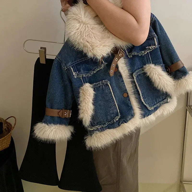 Winter Season Girl Fur Lapel Collar Thickening Cowboy Coat Plush Outerwear Fashion