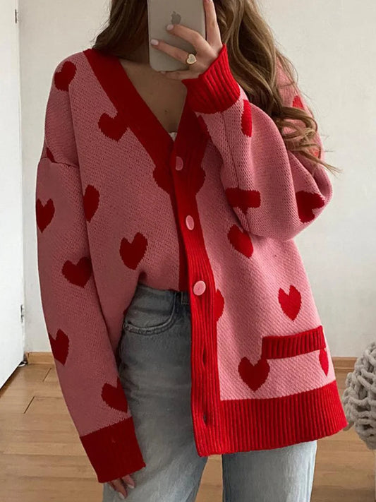 Women Cardigan Love Print Knitted Sweater Female Sweet Fashion Long Sleeve Knitwear Lady Elegant.