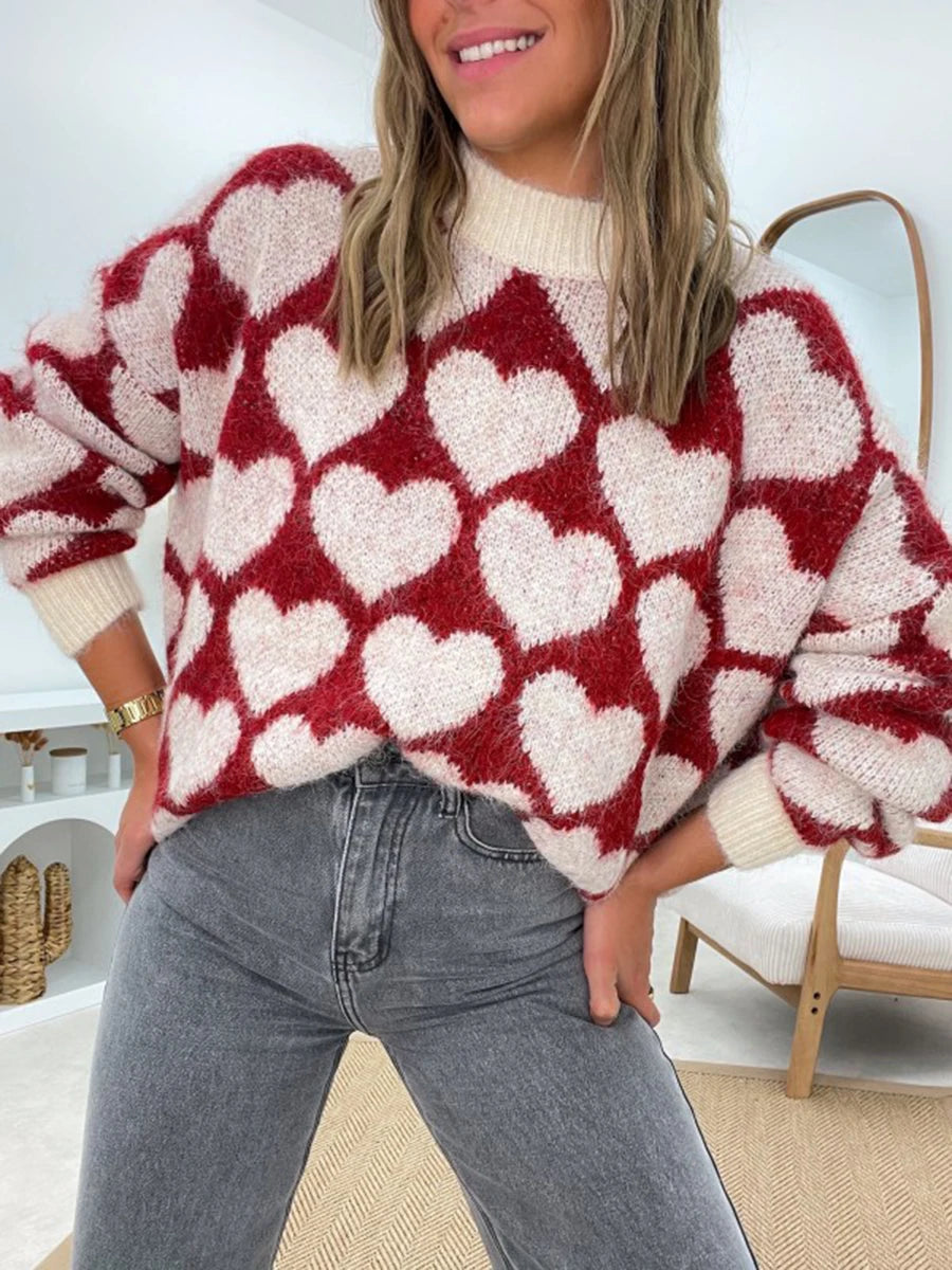 Valentine's Day Sweater Women Pink Knitted Jumper Fashion Knitwear Heart Print Oversized Pullover