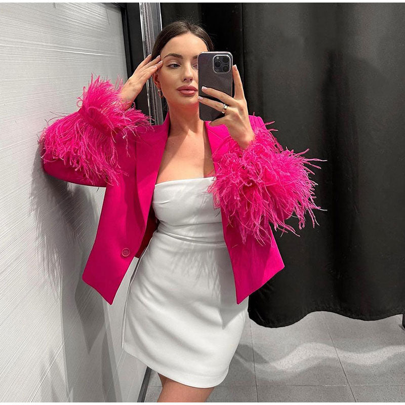 Feathers Sleeve Blazer Pant Sets Women Fashion Autumn Winter 2023