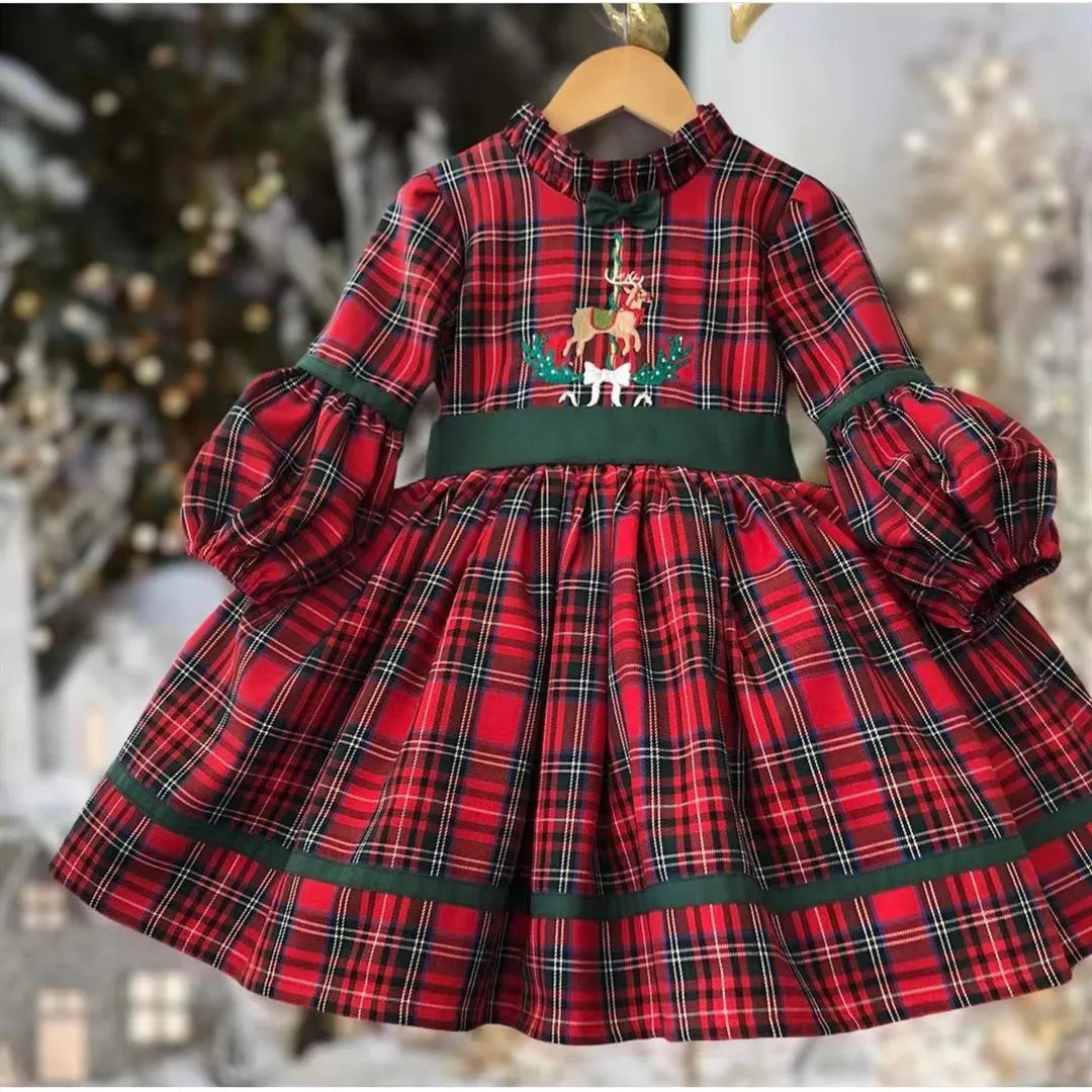 Autumn Winter Red Plaid Deer Embroidery Vintage Spanish Turkish Princess Ball Gown Dress for Christmas