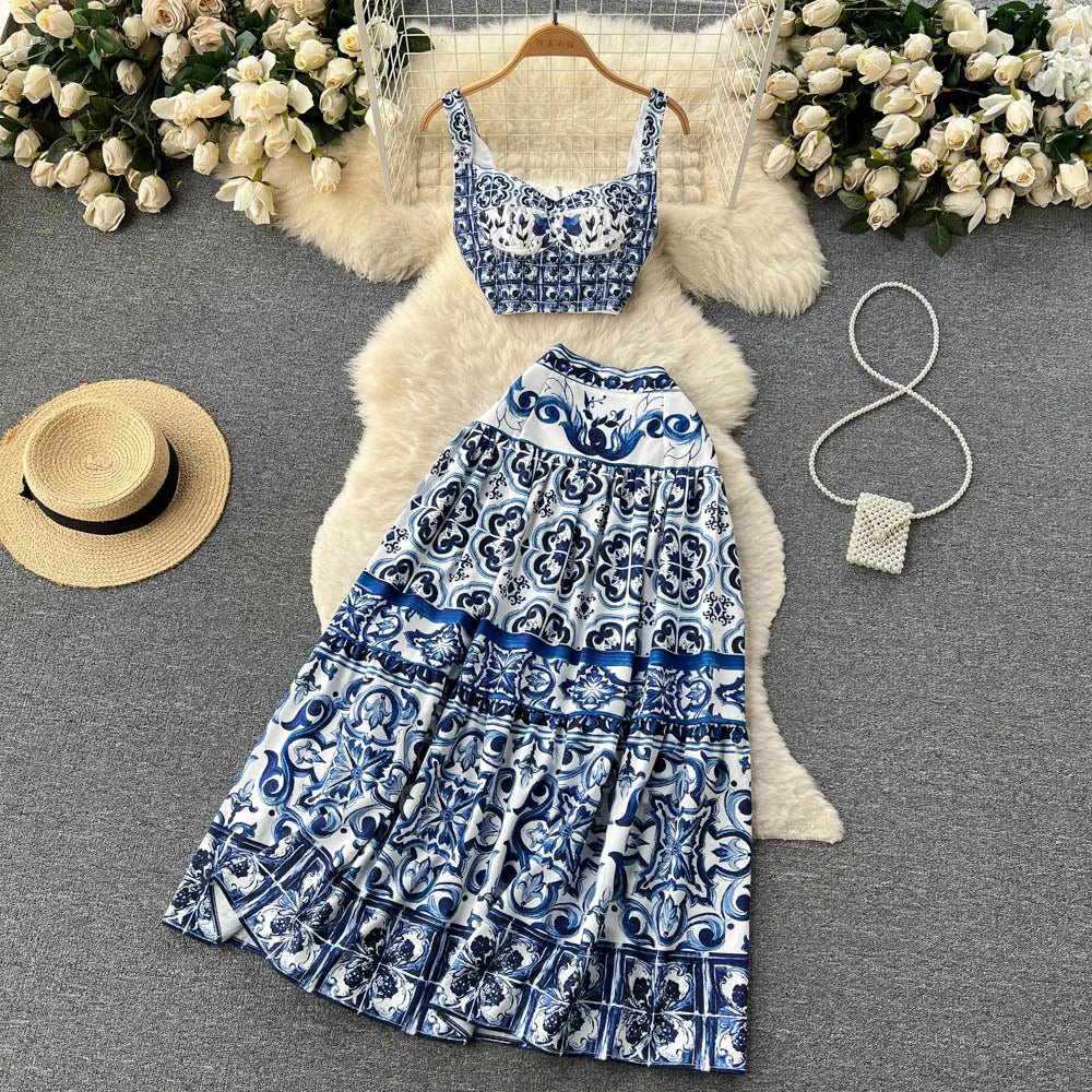 Summer Runway Blue And White Porcelain Two Piece Set Women Flower Print Short Crop Top + Holiday Beach Maxi Skirt Suits