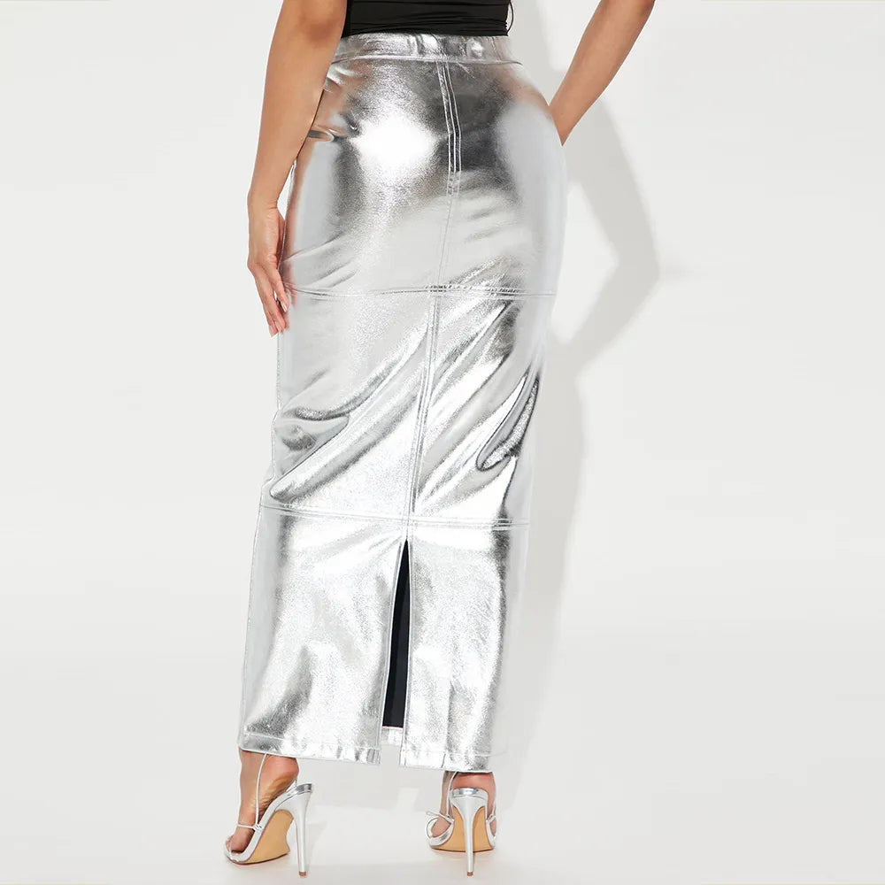 Sexy Sparkly Slit Luxury Long Skirts Women High Waist Metallic Green Slim Maxi Skirt 2023 Elegant Birthday Party Clothes