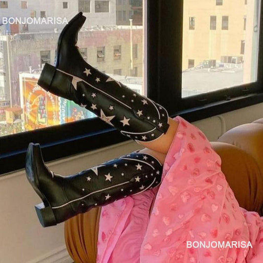 Women Western Boots Embroidered Fashion Chunky Heel Shoes Woman  Star Design Slip On Cowboy Cowgirl Boots