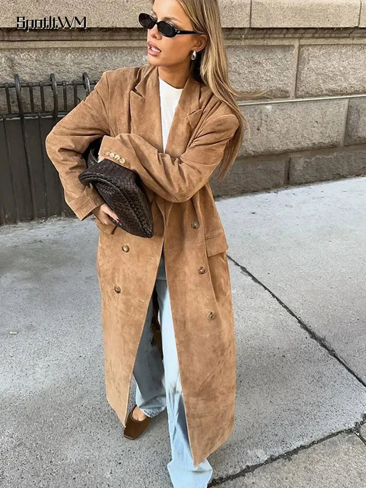 Fashion Lapel Long Windbreaker Jacket Elegant Casual Suede Leather Women's Trench Coat Oversize Autumn Commute Street Outerwear