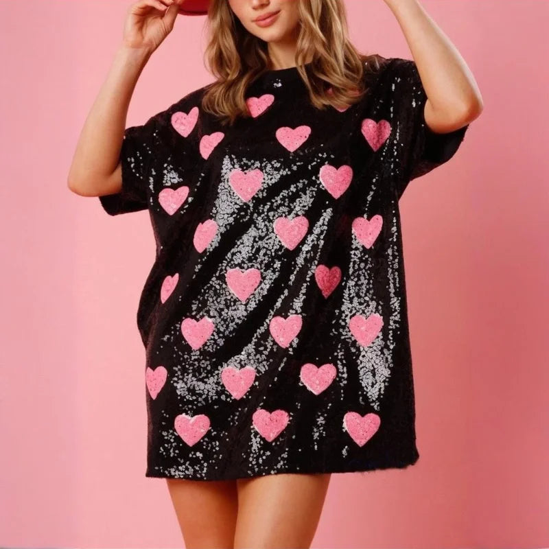 Party Dress Women Valentines Day Sequins Heart Print Round Neck Half Sleeve Short Mini Dress Fashion Club Dresses