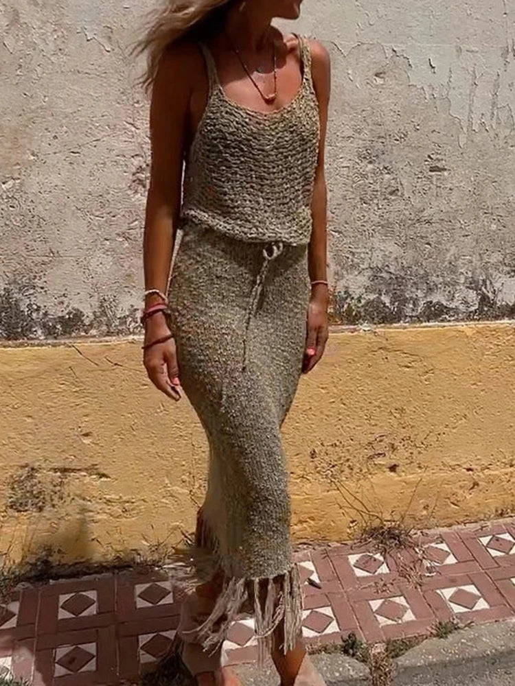 Knitted Camisole Blouse Tassel Skirts Two Piece Sets Women Sexy See Through Summer Mesh Beach Dress Suits