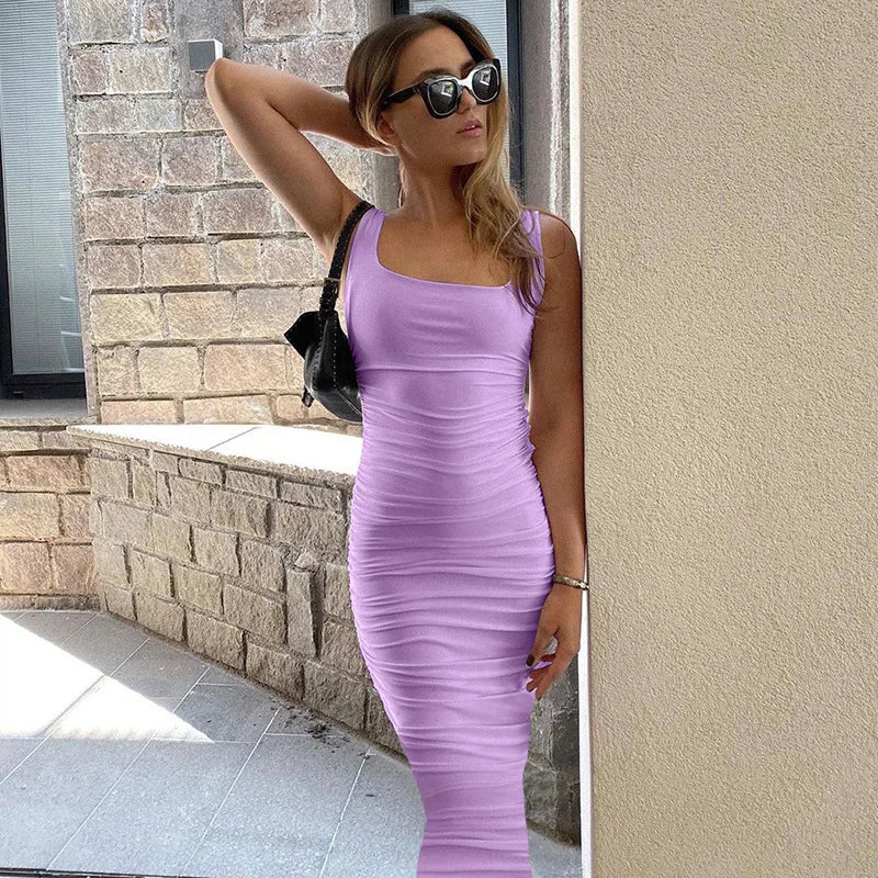 Women Sheath Bodycon Dress Summer Square Collar Sleeveless Backless Midi Pleated Party Dresses