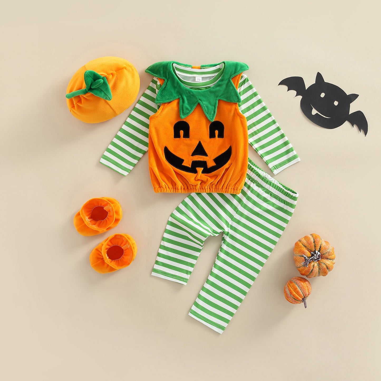 Baby Girl-Boy Long Sleeve Halloween Pumpkin Print Loose Tops + Fall Casual Pants + Hat + Shoes