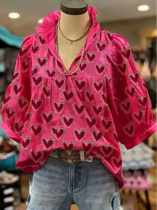 Ruffle V-neck Heart Print Blouse Valentine Puff Sleeve Top