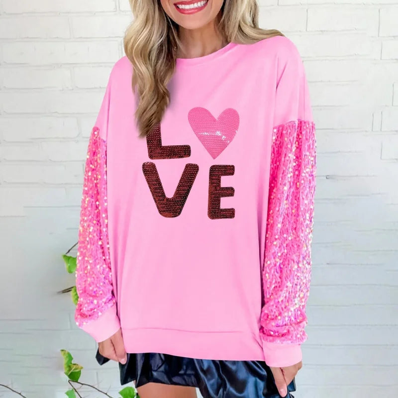 Sweatshirt Women Valentines Day Clothing Letter Print Sequins Patchwork Round Neck Long Sleeve Tops Streetwear