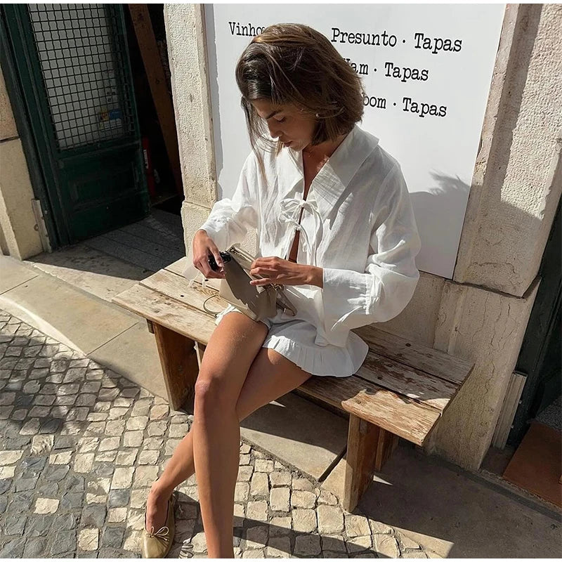 Summer Casual V-neck Drawstring Long Sleeved Top Sets Women Fashion Loose Ruffle Shorts Suits 2024 Lady Highstreet Beach Outfits