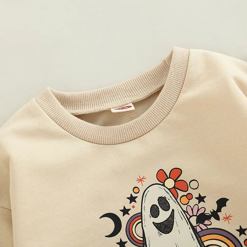 Baby Girl-Boy Halloween Romper Ghost Print Crew Neck Long Sleeve Sweatshirt Jumpsuit Fall Clothes for Toddlers